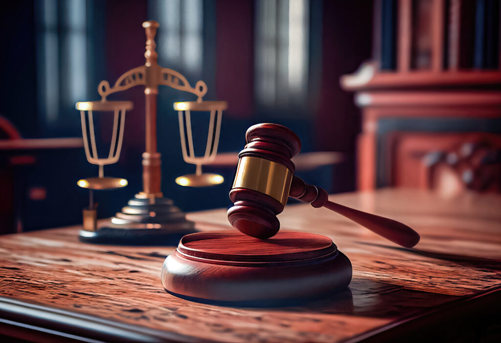 Symbol of Justice: Judge's Gavel and Scales of Justice in Courtroom - Generative AI This is a picture for a blog article that talks about getting a free consultation for assault and battery charges from Divine Law.