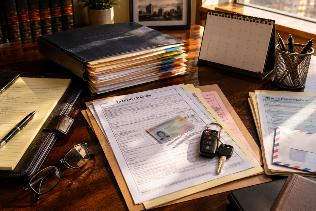Suspended license defense case file with traffic citation paperwork and vehicle documents in a Kansas City law office.