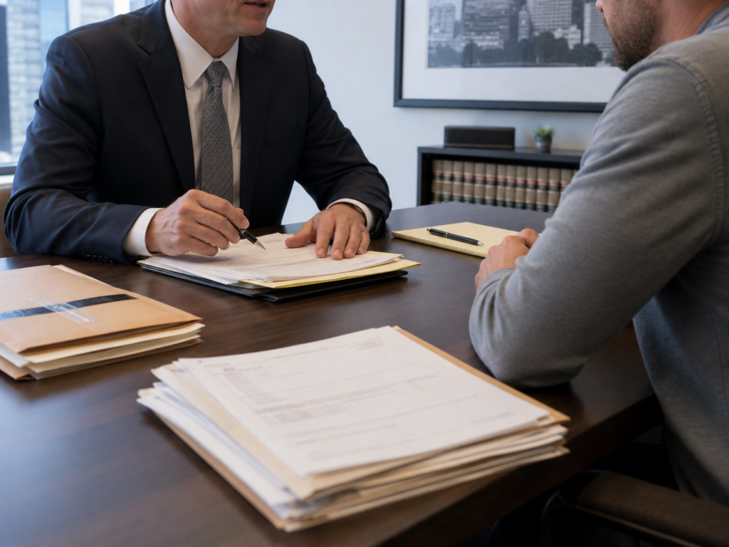 Local trial lawyer reviewing drug trafficking charge documents in Kansas City.
