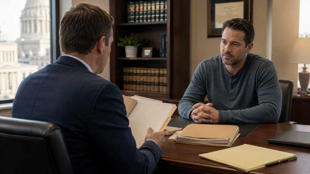 Attorney reviewing case materials with a client seeking help from an experienced drug possession lawyer.